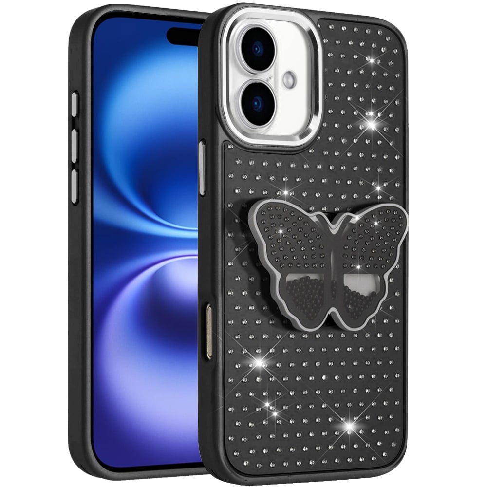 For Apple iPhone 17 (6.3") Butterfly Moveable Grip 3D Pop Stand Full Diamond Bling Sparkling TPU Fashion Hybrid Case Cover