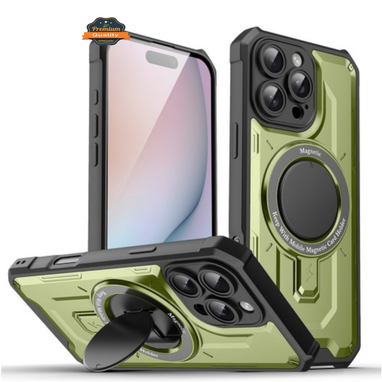 For Apple iPhone 16 (6.1") Hybrid Tuff Case with Folding Stand Magnetic Holder Compatible with MagSafe [Military Shockproof] Case Cover