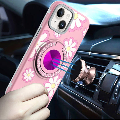 Phone Case for Apple iPhone 14/13 Magnetic Ring Stand Matte Metal Hybrid Car Mount Friendly Shockproof Rotational Grip Diamond Design Pattern Cover