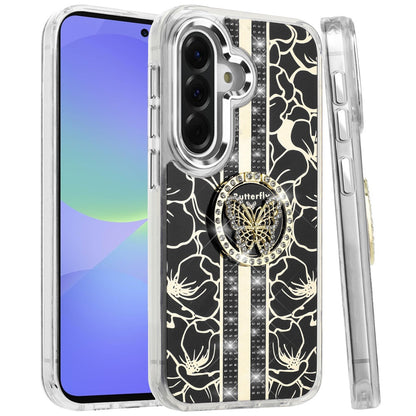 For Samsung Galaxy A37 Diamonds 3D Butterfly Floral Design Bling Sparkly Glitter Hybrid Metal Fashion with Ring Stand Case Cover