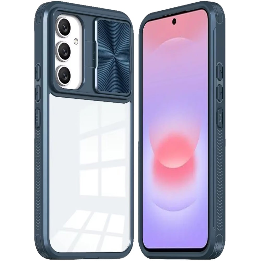 Phone Case for Samsung Galaxy A37 Clear Transparent Back with Sliding Camera Hybrid Shockproof Slim Protective Durable Colorful Frame Cover Blue