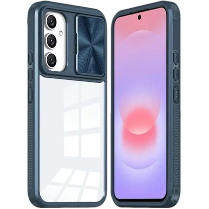 Phone Case for Samsung Galaxy A37 Clear Transparent Back with Sliding Camera Hybrid Shockproof Slim Protective Durable Colorful Frame Cover Blue