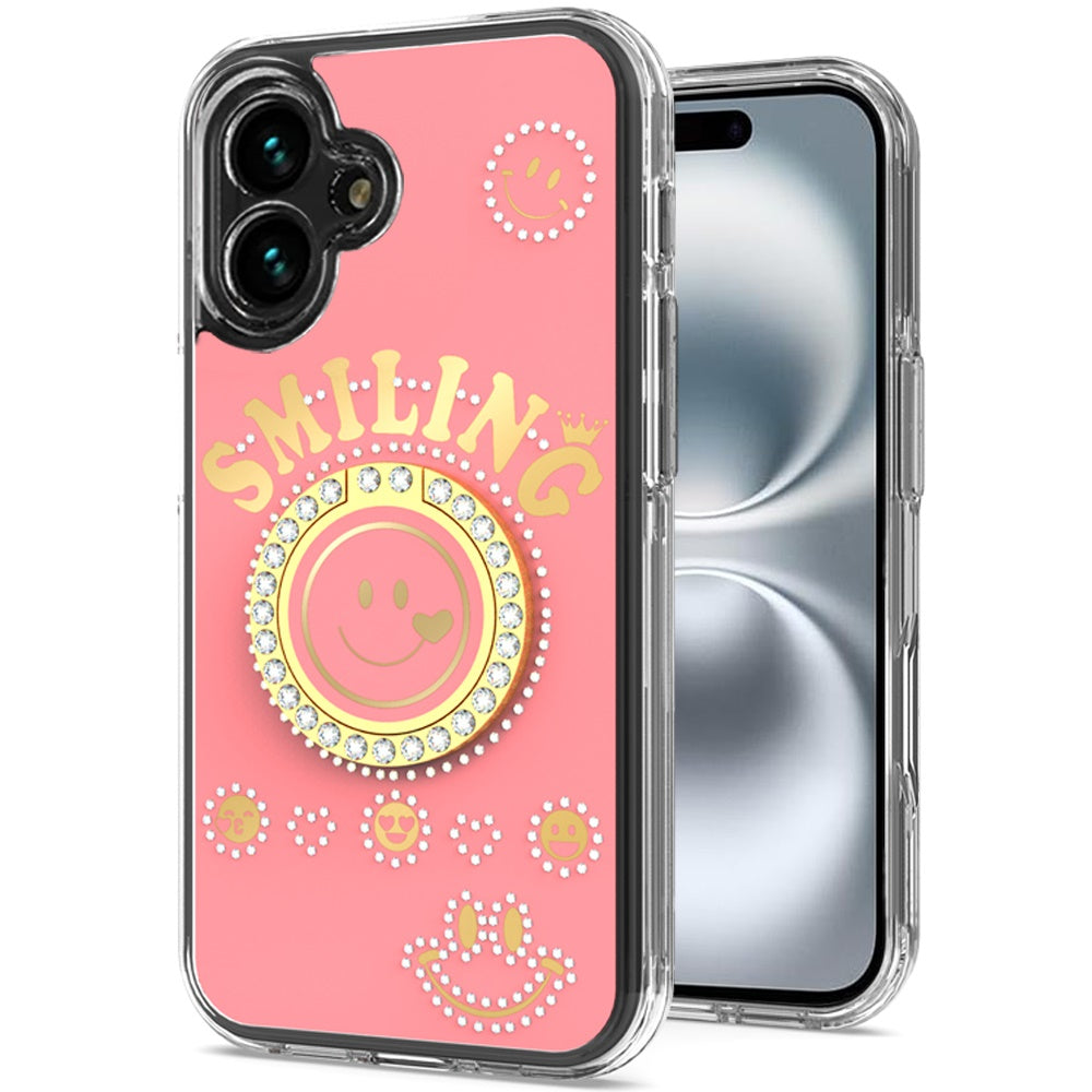For Apple iPhone 17E /16E Smiling Glitter Bling Ornament Hybrid Shockproof Stylish Sparkle Design Secure Grip Durable Protection Case Cover Pink