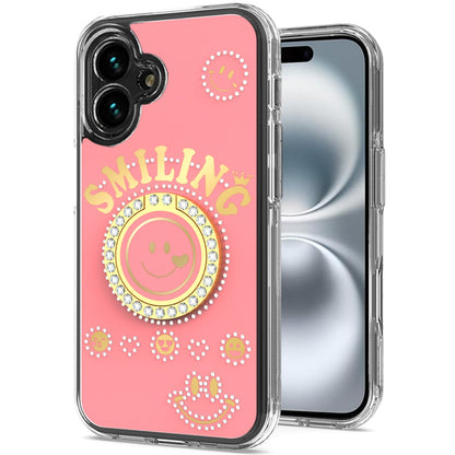 For Apple iPhone 17E /16E Smiling Glitter Bling Ornament Hybrid Shockproof Stylish Sparkle Design Secure Grip Durable Protection Case Cover Pink