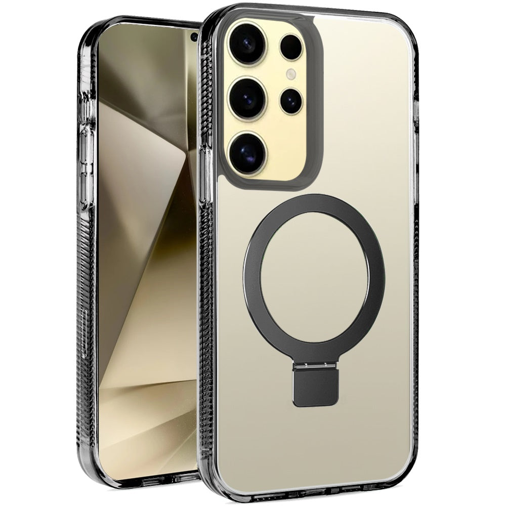 For Samsung Galaxy S25 Fan Edition /Galaxy S25 FE Transparent Magnetic Ring Circle Stand with MagSafe Compatible Hybrid Dotted Edged Hard PC Shockproof Case Cover Black