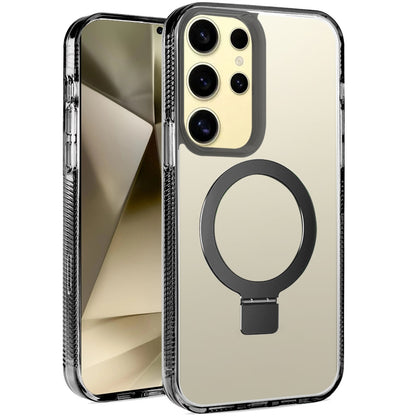 For Samsung Galaxy S22+ Plus 5G Transparent Magnetic Ring Circle Stand with MagSafe Compatible Hybrid Dotted Edged Hard PC Shockproof Case Cover Black