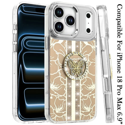 Phone Case for Apple iPhone 18 Pro Max Floral Butterfly Ring Stand Glitter Bling Shockproof Hybrid Luxury Fashion Protective Anti Slip Durable Grip Cover