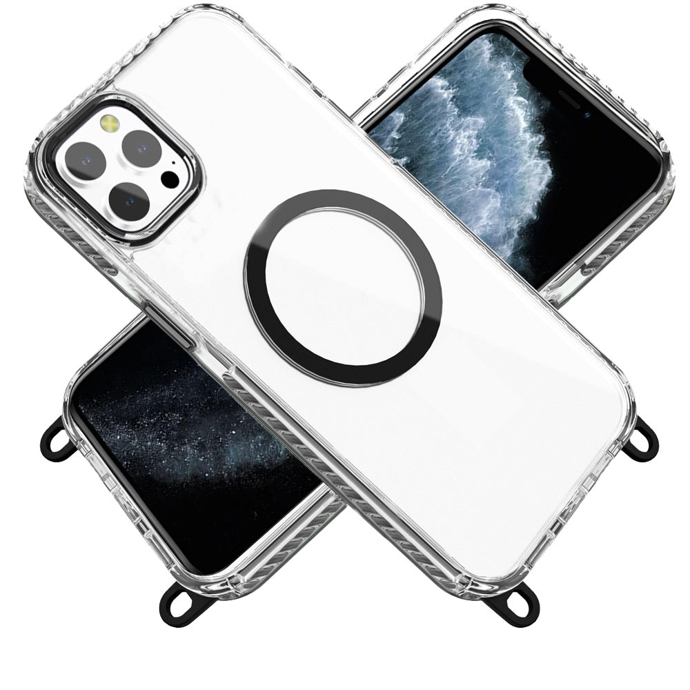 For Apple iPhone 11 Pro Max Clear Magnetic Frame PC Back Shockproof Protective Case with Detachable Lanyard Strap, Compatible with MagSafe Case Cover Black