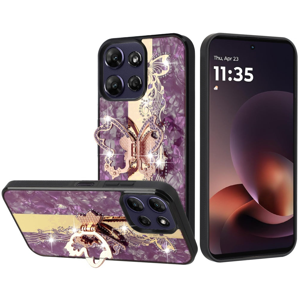 Phone Case for Motorola Moto G Power 5G 2026 /2025 Diamond Glitter Butterfly Engraved Ring Stand Luxury Bling Hybrid Shockproof Chrome Edge Protective Durable Grip Cover