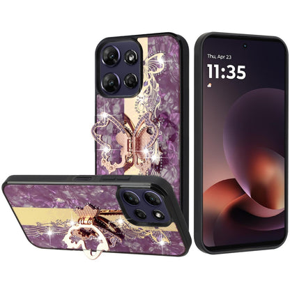 Phone Case for Motorola Moto G Power 5G 2026 /2025 Diamond Glitter Butterfly Engraved Ring Stand Luxury Bling Hybrid Shockproof Chrome Edge Protective Durable Grip Cover