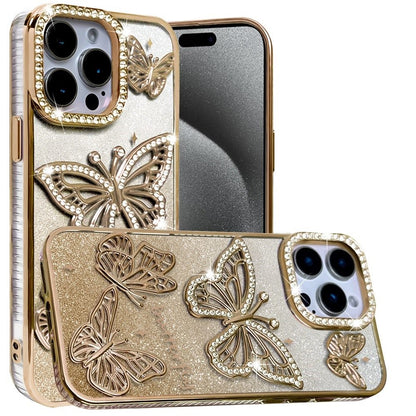 For Apple iPhone 15 Luxury Butterfly Sparkle Glitter Diamond Crystal Rhinestone Shimmer Bling Plating Thick TPU Hard PC Case Cover