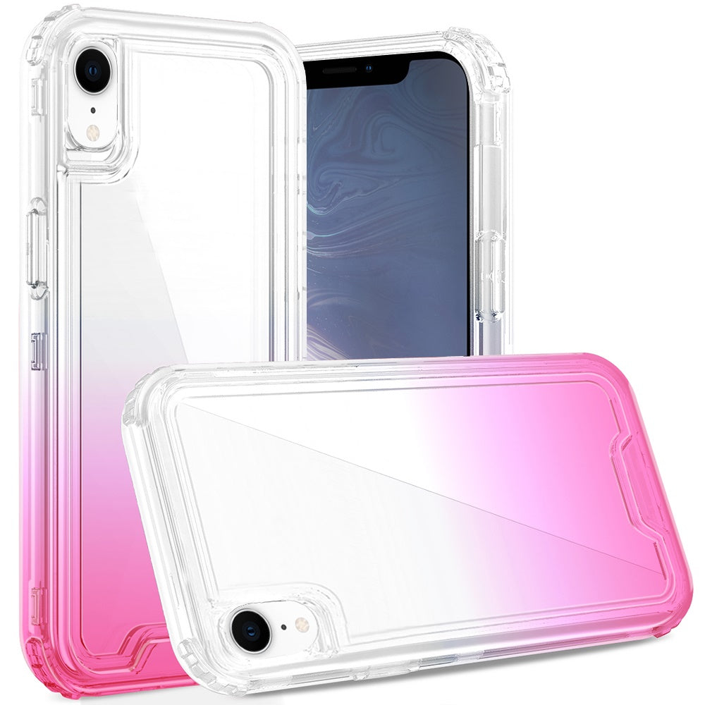 For iPhone XR Hybrid 3-in-1 Clear Case - Two-Tone Transparent Shockproof TPU + Hard Protective Frame Case Cover Clear+Pink