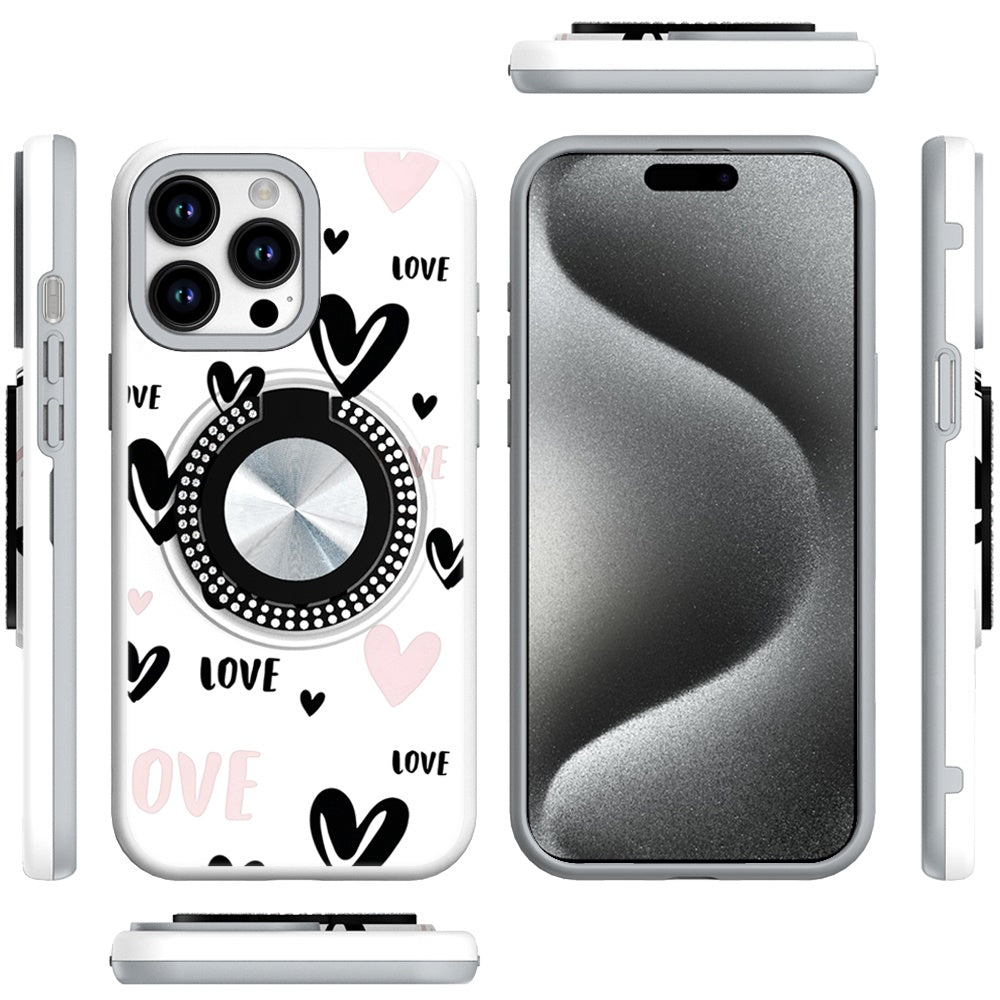 For Apple iPhone 14 /13 Pattern Design Hybrid with Invisible Ring Stand & Magnetic Back, Shockproof Protective Grip Case Cover