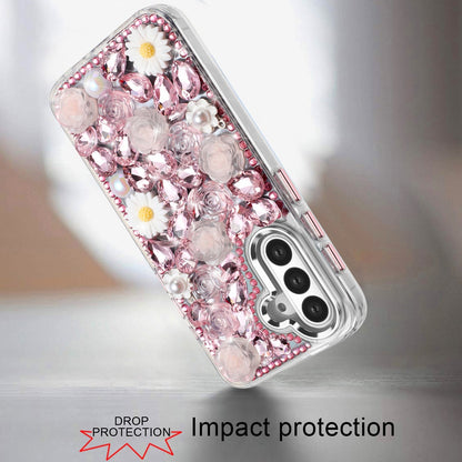 For Apple iPhone 16 Pro (6.3") Fashion Daisy Floral Series, Full 3D Bling Crystal Diamonds Sparkling Rhinestone Glitter Hybrid Design Case Cover Pink