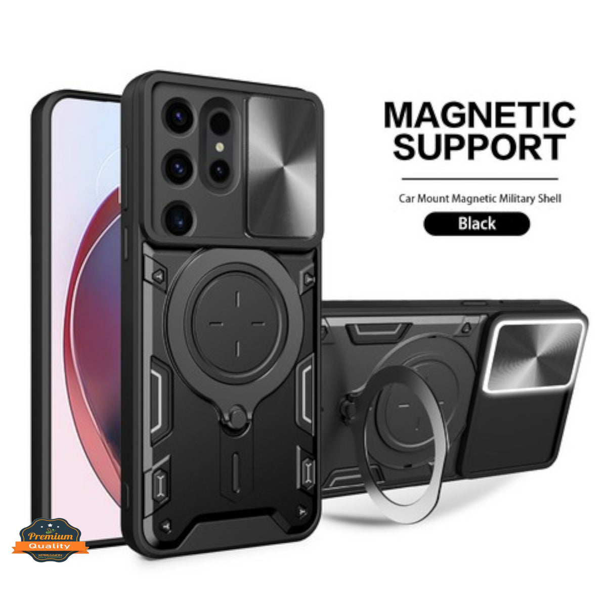For Samsung Galaxy S26 Hybrid Shockproof with Magnetic Ring Stand, Compatible with Magsafe & Sliding Camera Lens Protector Case Cover Black