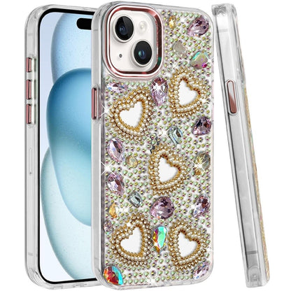 Phone Case for Apple iPhone 15 Plus Luxury Crystal Heart Rhinestone Diamond Bling Shockproof Hybrid Glitter Protective Stylish Durable Grip Cover