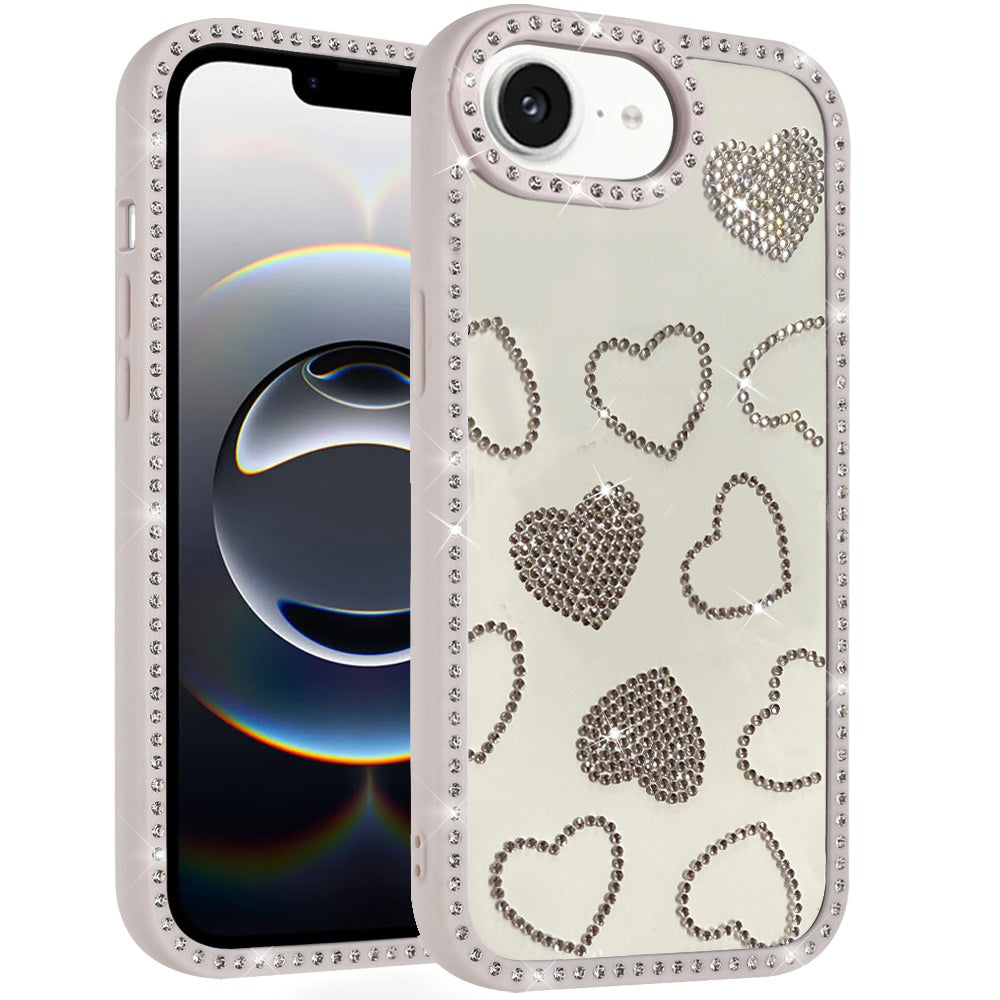 For Apple iPhone 17E /16E Spread Love Glitter Shimmer Bling Diamond Edge Hybrid Drop Protection Shockproof Design Case Cover Beige