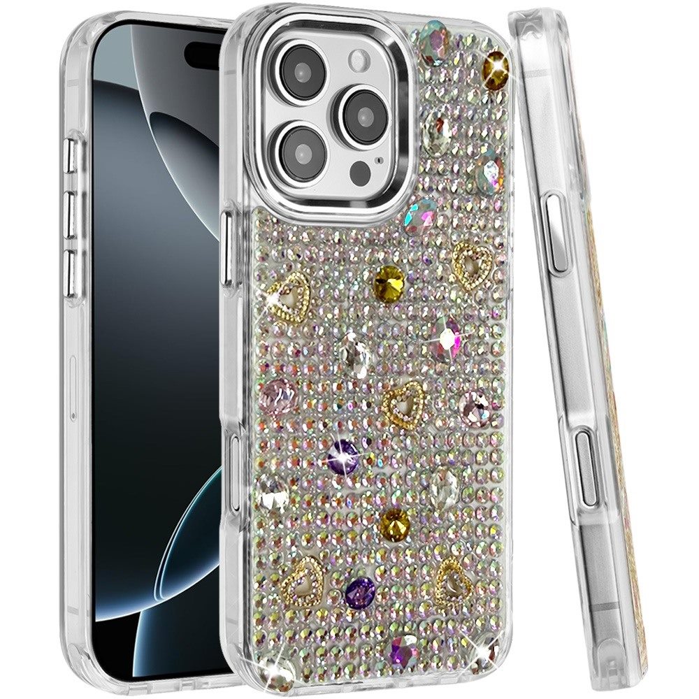 Phone Case for Apple iPhone 16 Pro Chrome Fashion Hybrid Bling Diamond Heart Rhinestone Decorative Stones Sparkling Embellished Design Cover