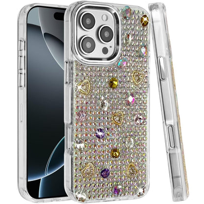 Phone Case for Apple iPhone 16 Pro Chrome Fashion Hybrid Bling Diamond Heart Rhinestone Decorative Stones Sparkling Embellished Design Cover