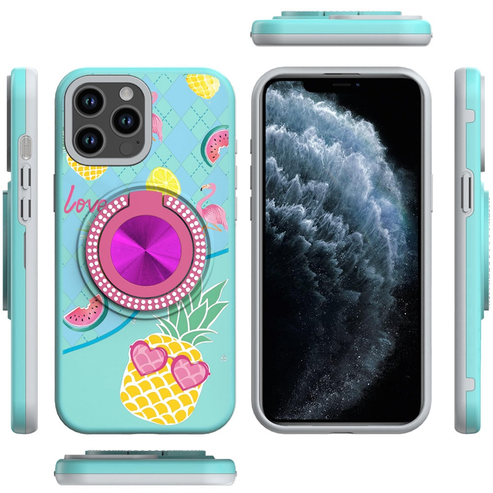 For Apple iPhone 11 Pro Max Pattern Design Hybrid with Invisible Ring Stand & Magnetic Back, Shockproof Protective Grip Case Cover Pineapple