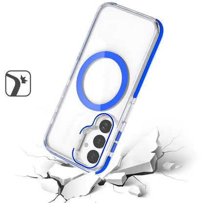 For Samsung Galaxy A17 5G Hybrid Clear Back Case with Invisible Camera Bracket Stand, MagSafe Magnetic Circle, Shockproof Color Frame Case Cover