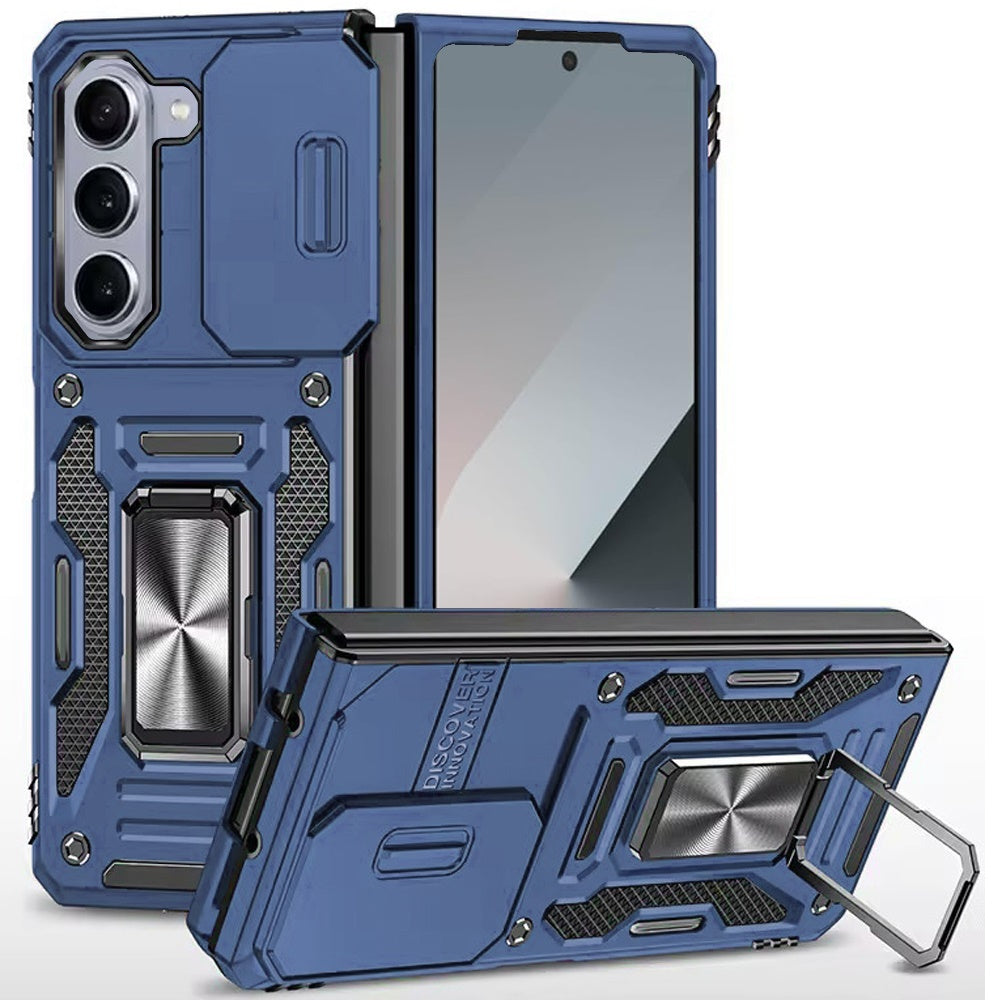 For Samsung Galaxy Z Fold 7 Tough Hybrid Case with Movable Camera Window & Metal Ring Stand Shockproof Case Cover Navy Blue