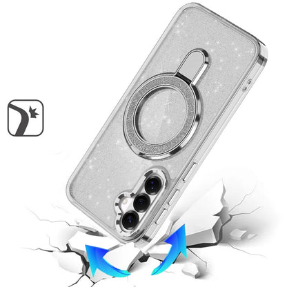 Phone Case for Samsung Galaxy S26 FE /Fan Edition Transparent Glitter Bling Magnetic Ring Stand Shockproof Anti Slip Rotating Grip Protective Hybrid Durable Armor Cover