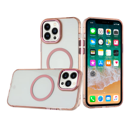 For Apple iPhone 14 Pro Transparent Back Hybrid Case - Magnetic Circle, Color Frame, Metal Buttons, MagSafe Compatible Case Cover Rose Gold