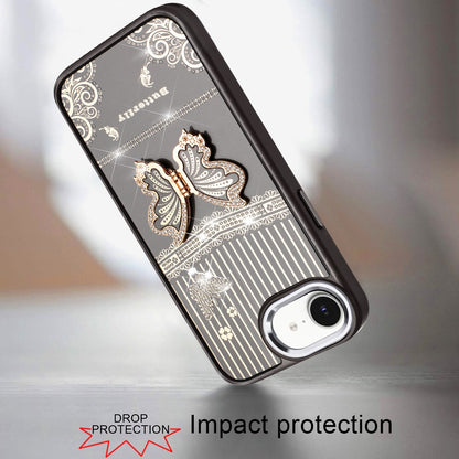 For Apple iPhone 17E /16E Glitter 3D Butterfly Design Bling Metallic Edge Hybrid Stand Drop Protection TPU Shockproof Case Cover