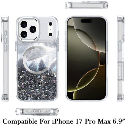 For Apple iPhone 17 Pro (6.3") Epoxy Glitter Shimmer Fashion Case with Magnetic Magsafe Compatible Hybrid Sparkling Slim Protective Case Cover Cosmic Orange