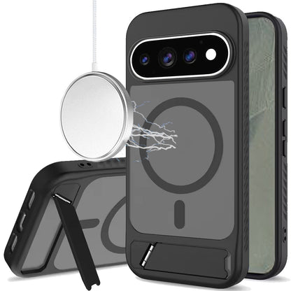 Phone Case for Google Pixel 11 Pro XL Matte Magnetic Metal Kickstand Shockproof Grip Anti Slip Durable Protective Heavy Duty Hybrid Cover Black