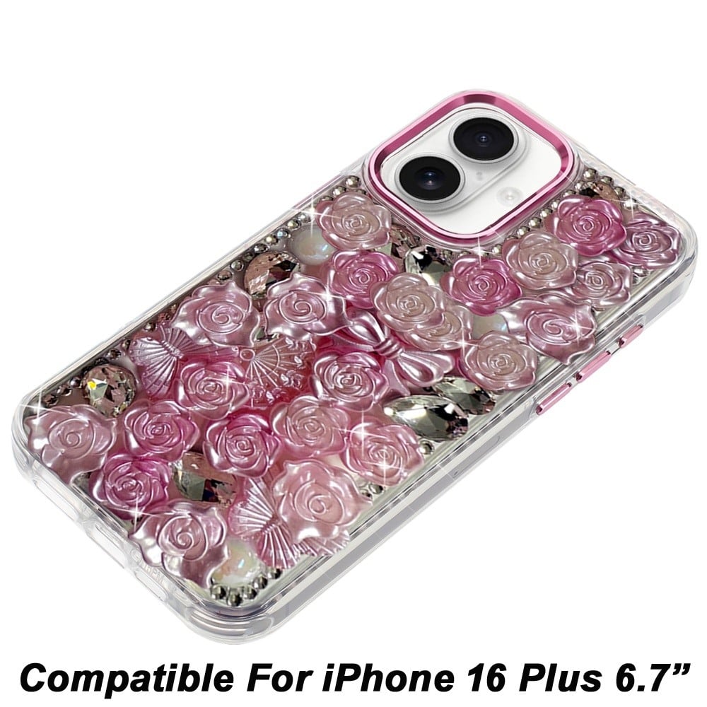 Phone Case for Apple iPhone 16 Plus 3D Flower Bling Rhinestone Glitter Cute Stylish Shockproof Protective Decorative Luxury Grip Stones Ornaments Cover