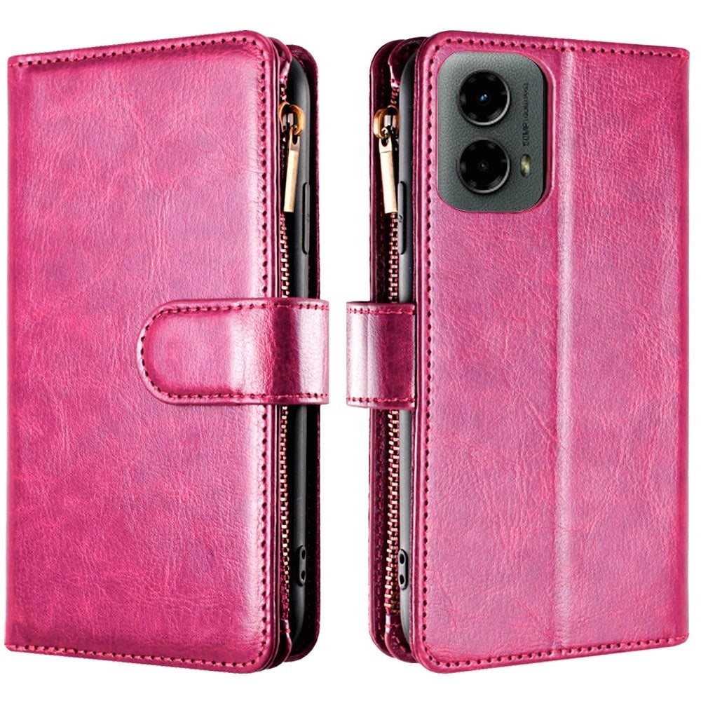 For Motorola Moto G 5G 2024 Luxury Wallet Card Holder Zipper Design Shockproof Protection Secure Grip Multi Slot Storage for Daily Use Case Cover Hotpink