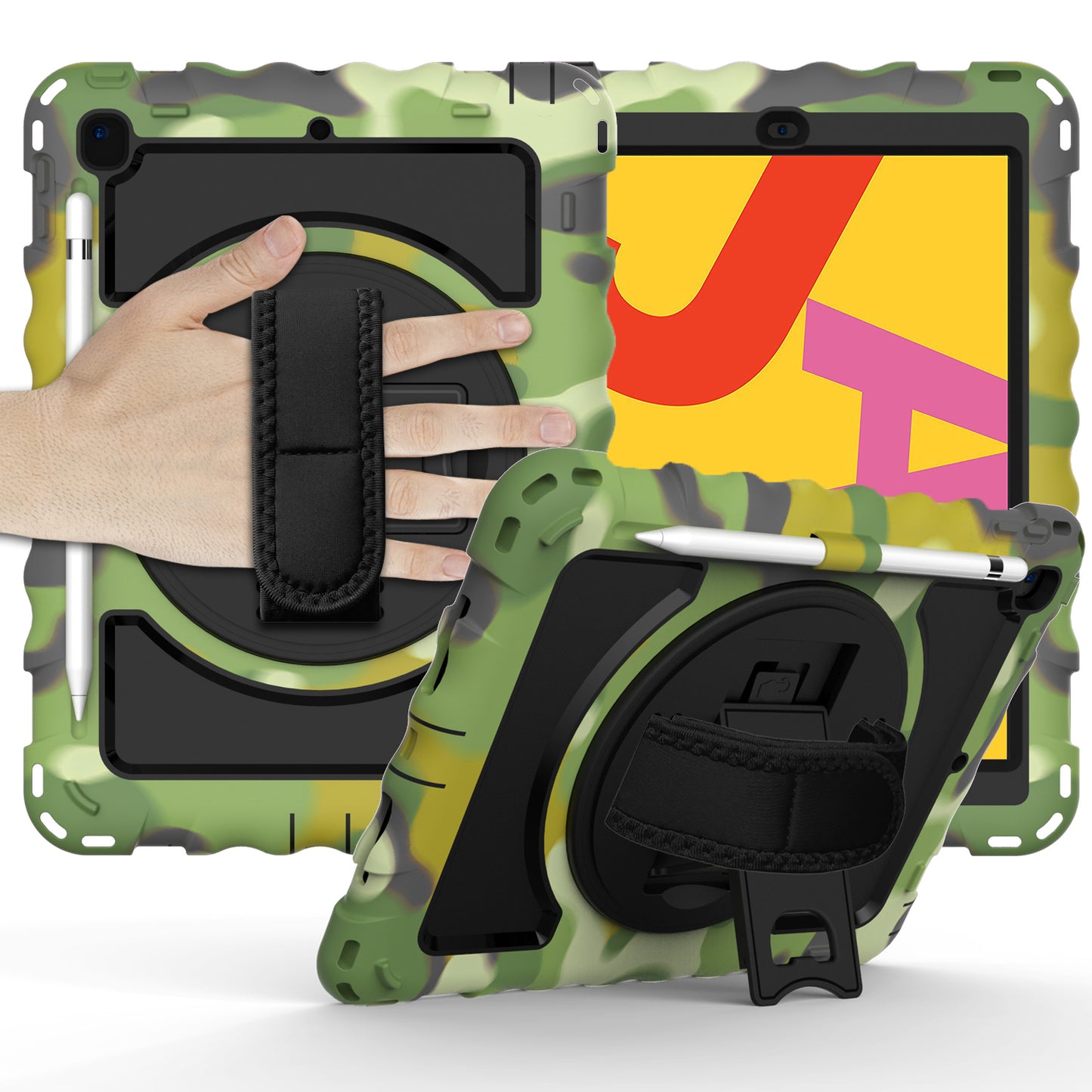 Tablet Case for Apple New iPad (9.7 inch), iPad 6th/5th Gen 2018 2017 360 Rotating Back Hybrid Heavy Duty Kickstand Hand Strap Shoulder Strap Full Body Drop Protection Cover Camouflage