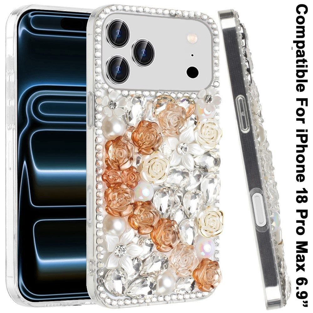 Phone Case for Apple iPhone 18 Pro Max/ 17 Pro Max Rose Flower Full Diamond Bling Rhinestone Glitter Luxury Stylish Sparkle Protective Designer Hybrid Cover