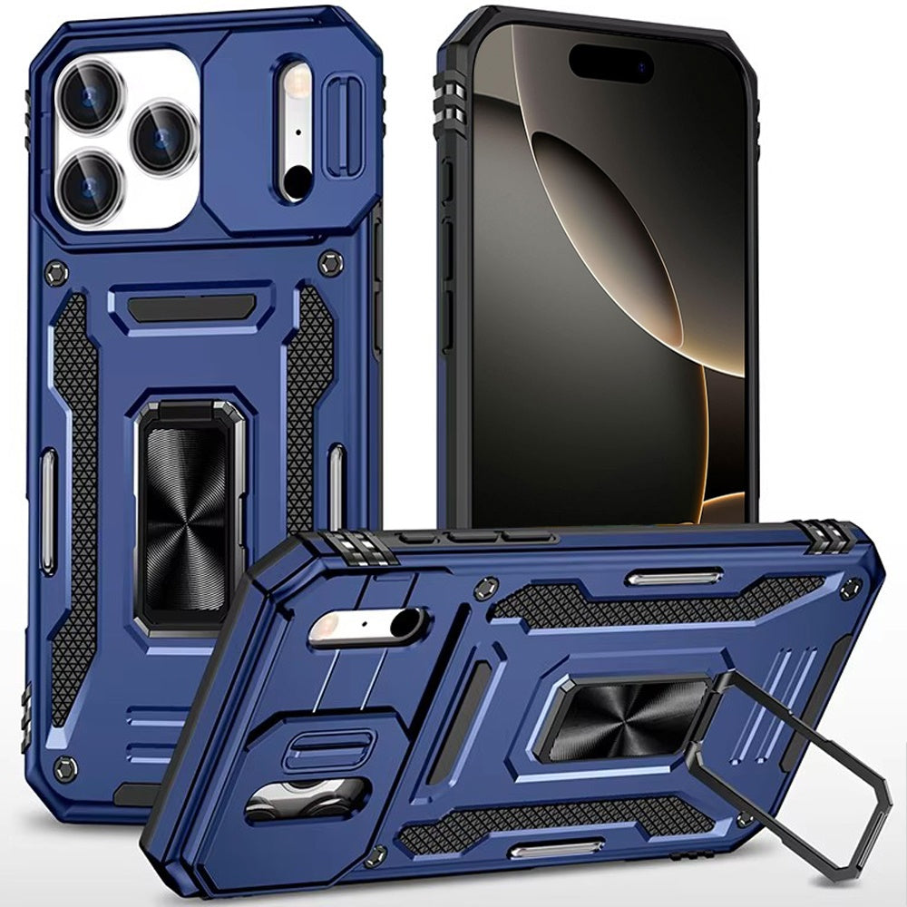 Phone Case for Apple iPhone 17 Pro Max (6.9") Tough Metal Ring Shockproof Sliding Camera Window Hybrid Armor Rugged Anti Slip Heavy Duty Grip Cover Navy Blue
