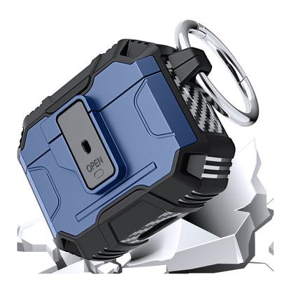 For Airpods Pro 3 (2025) Heavy Duty Hybrid Shockproof Case Hard PC Rubber TPU Cover with Open Button & Metal Hook Case Cover Blue