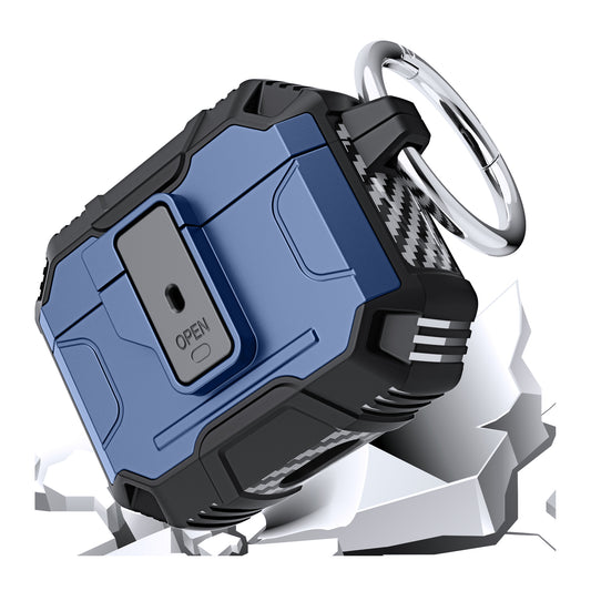 For Airpods Pro 3 (2025) Heavy Duty Hybrid Shockproof Case Hard PC Rubber TPU Cover with Open Button & Metal Hook Case Cover Blue
