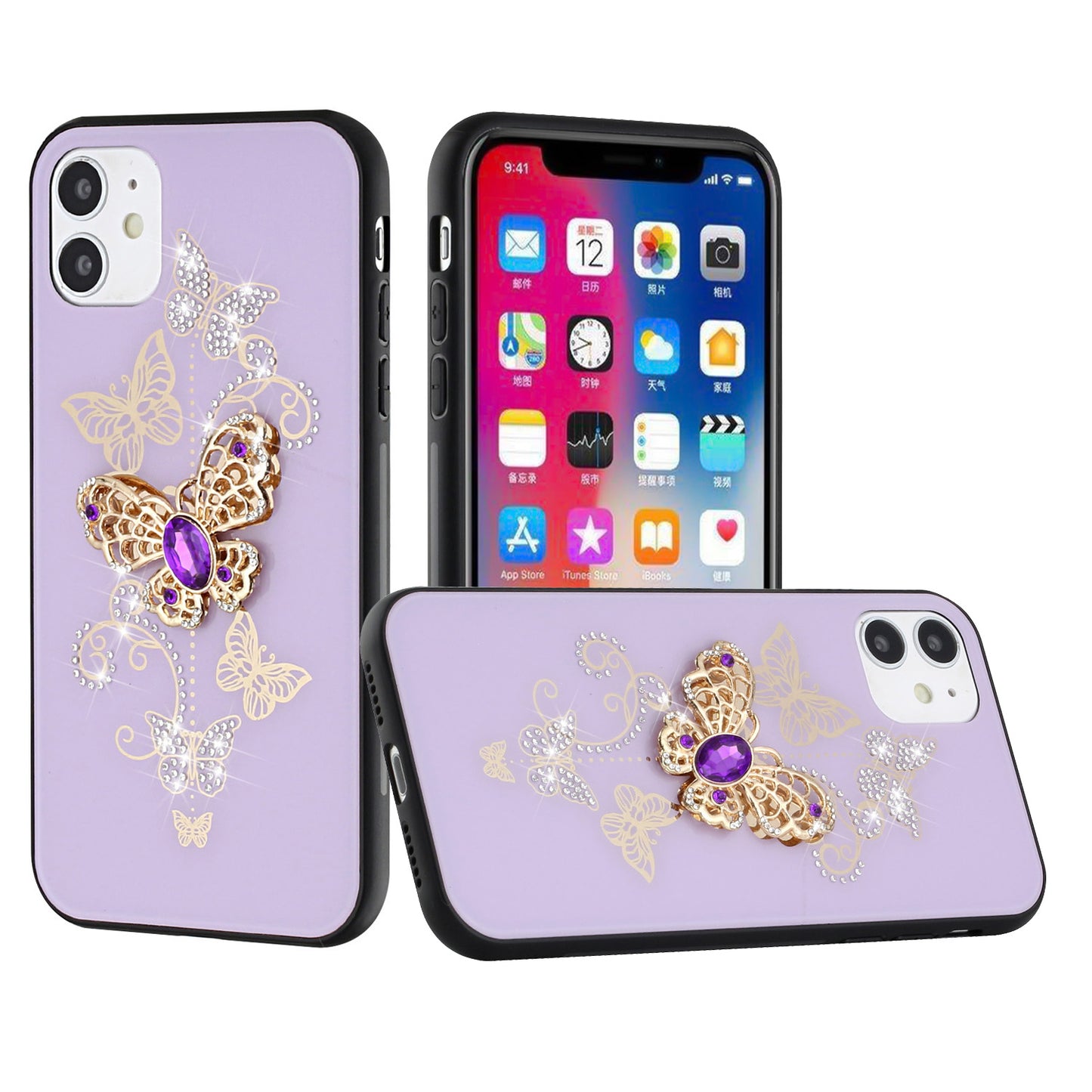 For Samsung Galaxy A36 Diamonds 3D Butterfly Bling Sparkly Glitter Ornaments Engraving Hybrid Metal Fashion Case Cover Purple Garden Butterflies