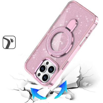 For iPhone 16 Pro Max (6.9") Transparent Glitter Bling Case with Rotating Magnetic Ring Stand, Shockproof Hybrid Protector Light Pink