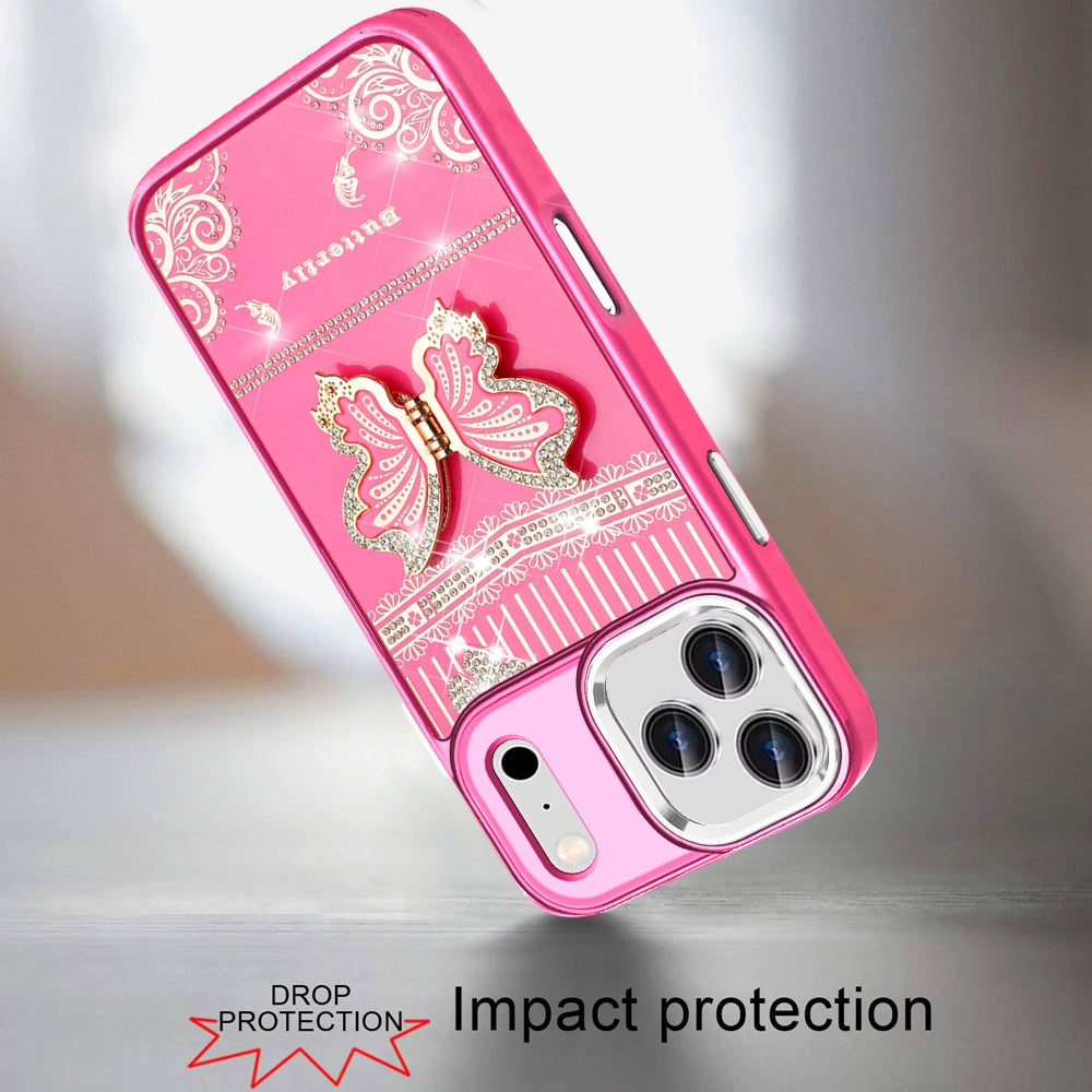 Phone Case for Apple iPhone 17 Pro Max Glitter Bling Butterfly Stand Metallic Edge Hybrid Shockproof Grip Durable Camera Protection Stylish Design Cover Hotpink
