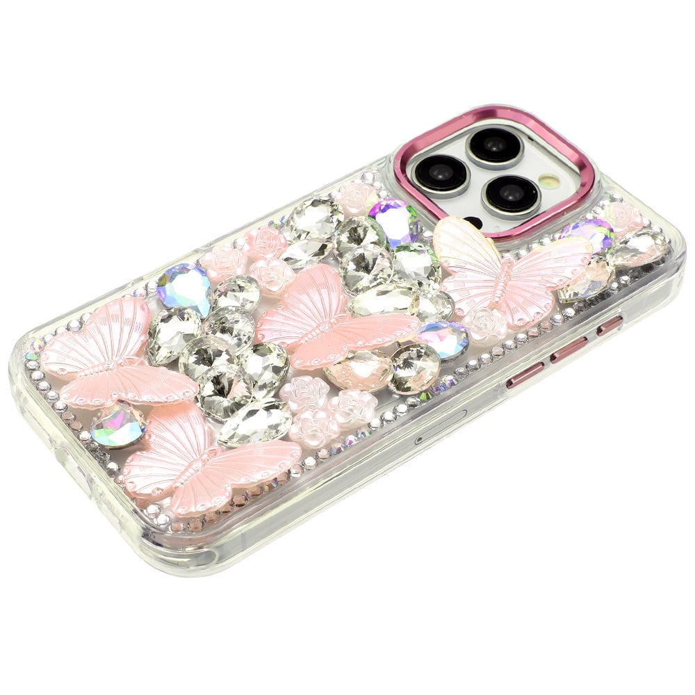 Phone Case for iPhone 15 Pro (6.1") Luxury 3D Floral Butterfly Bling Rhinestone Glitter Shockproof Stylish Protective Hybrid Designer Metallic Cover