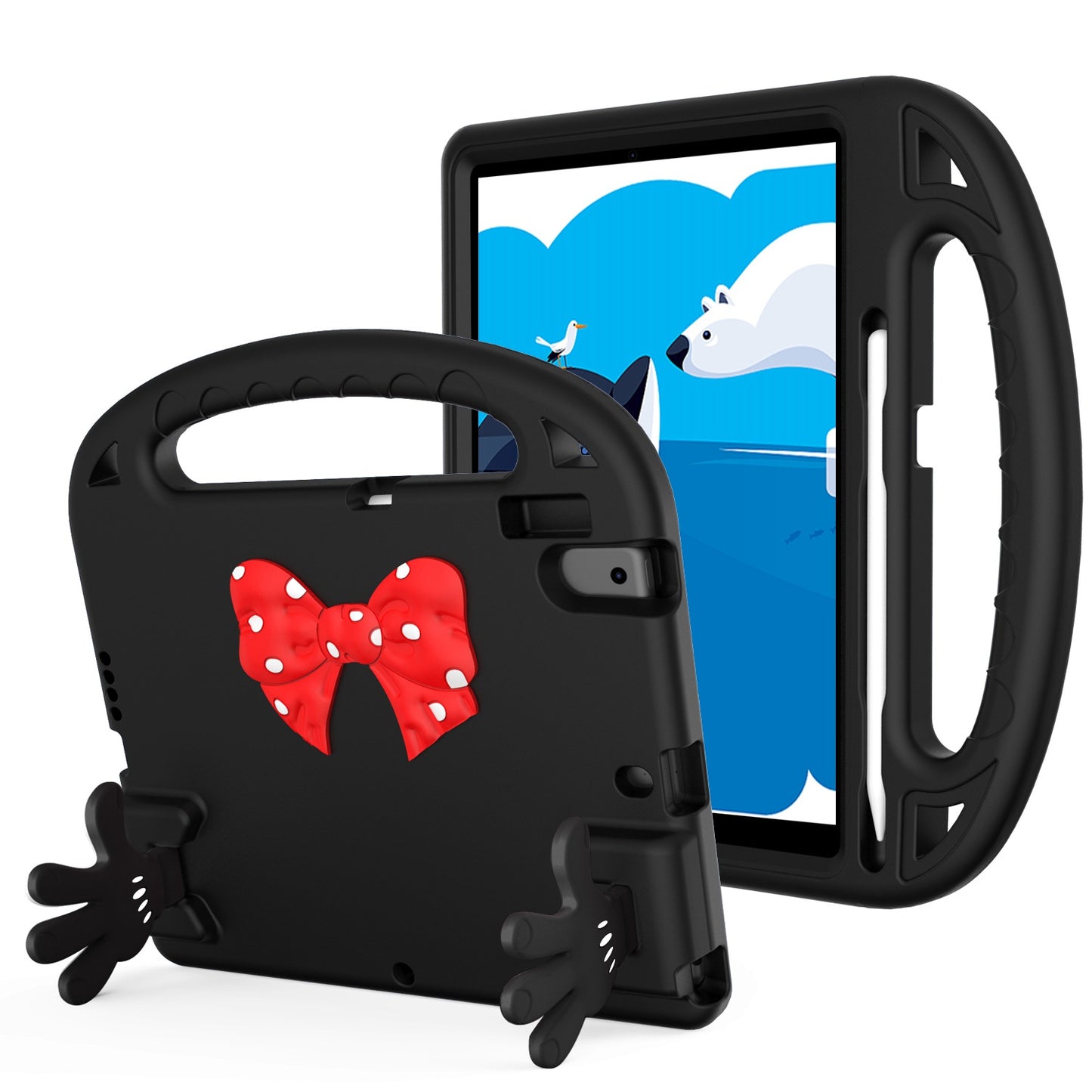 For Hybrid Shockproof Tablet with Bow Hands Kickstand Antislip Rubber TPU Kid-Friendly Drop Protection Black Tablet Case Cover