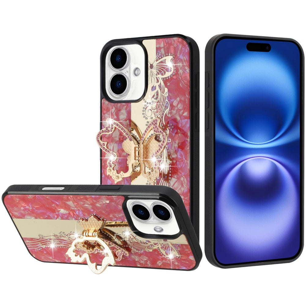 For Apple iPhone 17 (6.3") Diamonds 3D Fashion Bling Sparkly Glitter Ornaments Engraving Hybrid with Ring Stand Case Cover