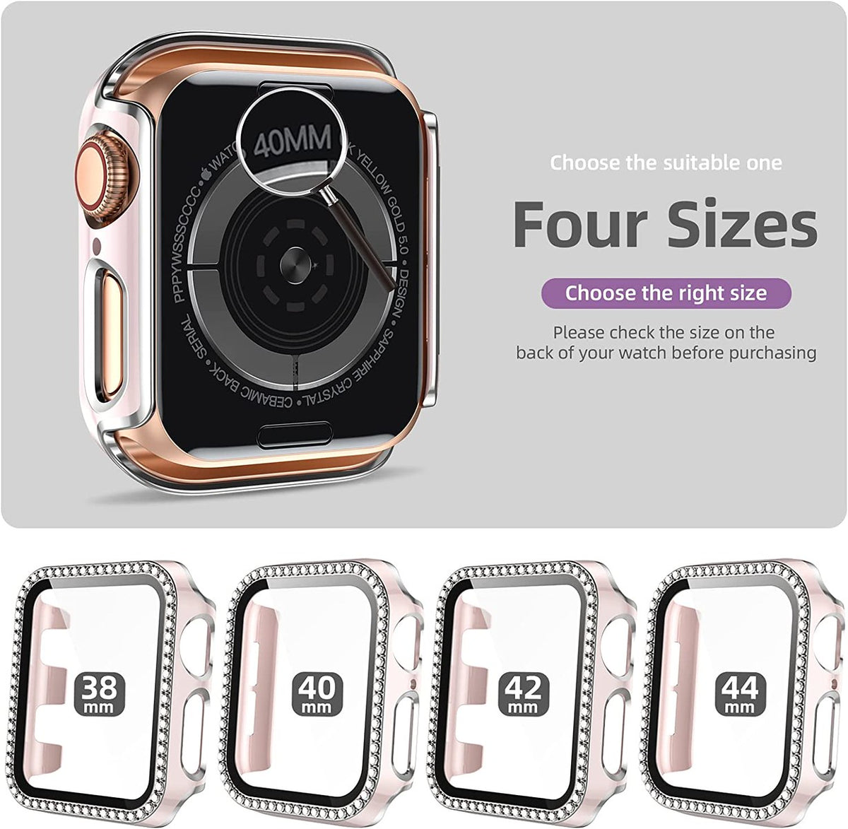 For Apple Watch Size 42mm Luxury Bling Cover Diamond Electroplate Rhinestone Bumper Protective Frame with Tempered Glass Screen Protector Case Cover