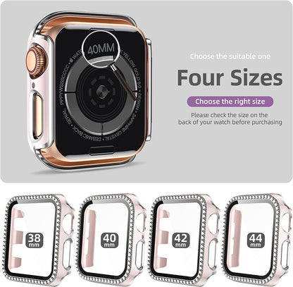 For Apple Watch Size 42mm Luxury Bling Cover Diamond Electroplate Rhinestone Bumper Protective Frame with Tempered Glass Screen Protector Case Cover
