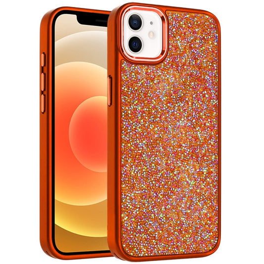 Phone Case for Apple iPhone 12 /12 Pro Crystal Glass Bling Diamond Metallic Edge Shockproof Durable Protective Clear Hybrid Stylish Premium Design Cover Cosmic Orange
