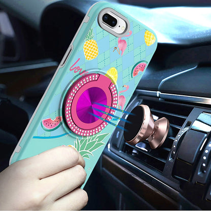 For iPhone 8 Plus / iPhone 7 Plus Pattern Design Hybrid with Invisible Ring Stand & Magnetic Back, Shockproof Protective Grip Case Cover