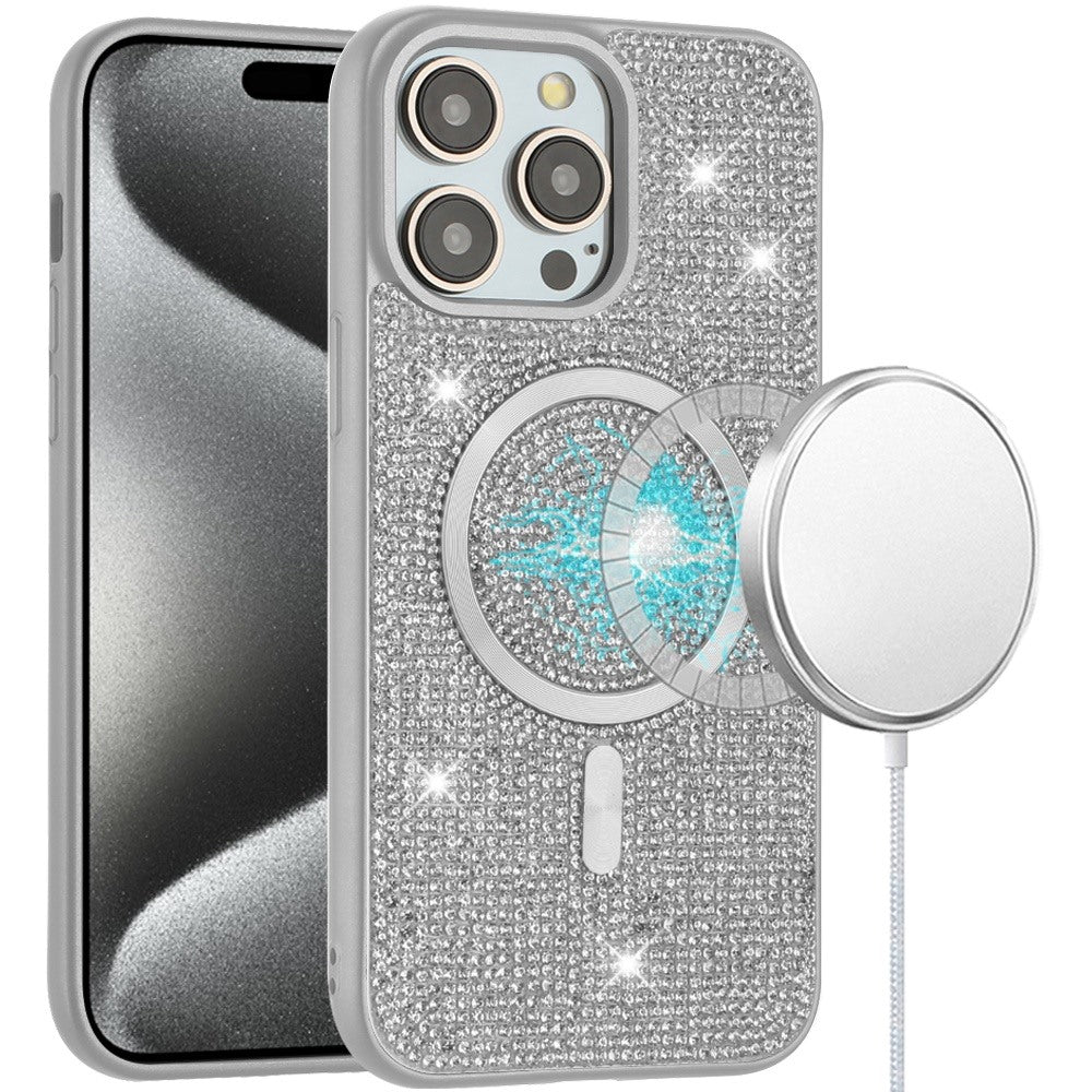 Phone Case for Apple iPhone 15 Pro Max Magnetic Bling Diamond Sparkle Hybrid Shockproof Rugged Grip Durable Protection Anti-Slip Armor Design Cover White