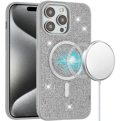 Phone Case for Apple iPhone 15 Pro Max Magnetic Bling Diamond Sparkle Hybrid Shockproof Rugged Grip Durable Protection Anti-Slip Armor Design Cover White